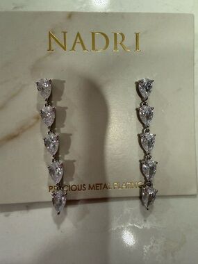 Nadri Silver Teardrop Linear Drop Earrings - Clear Stones